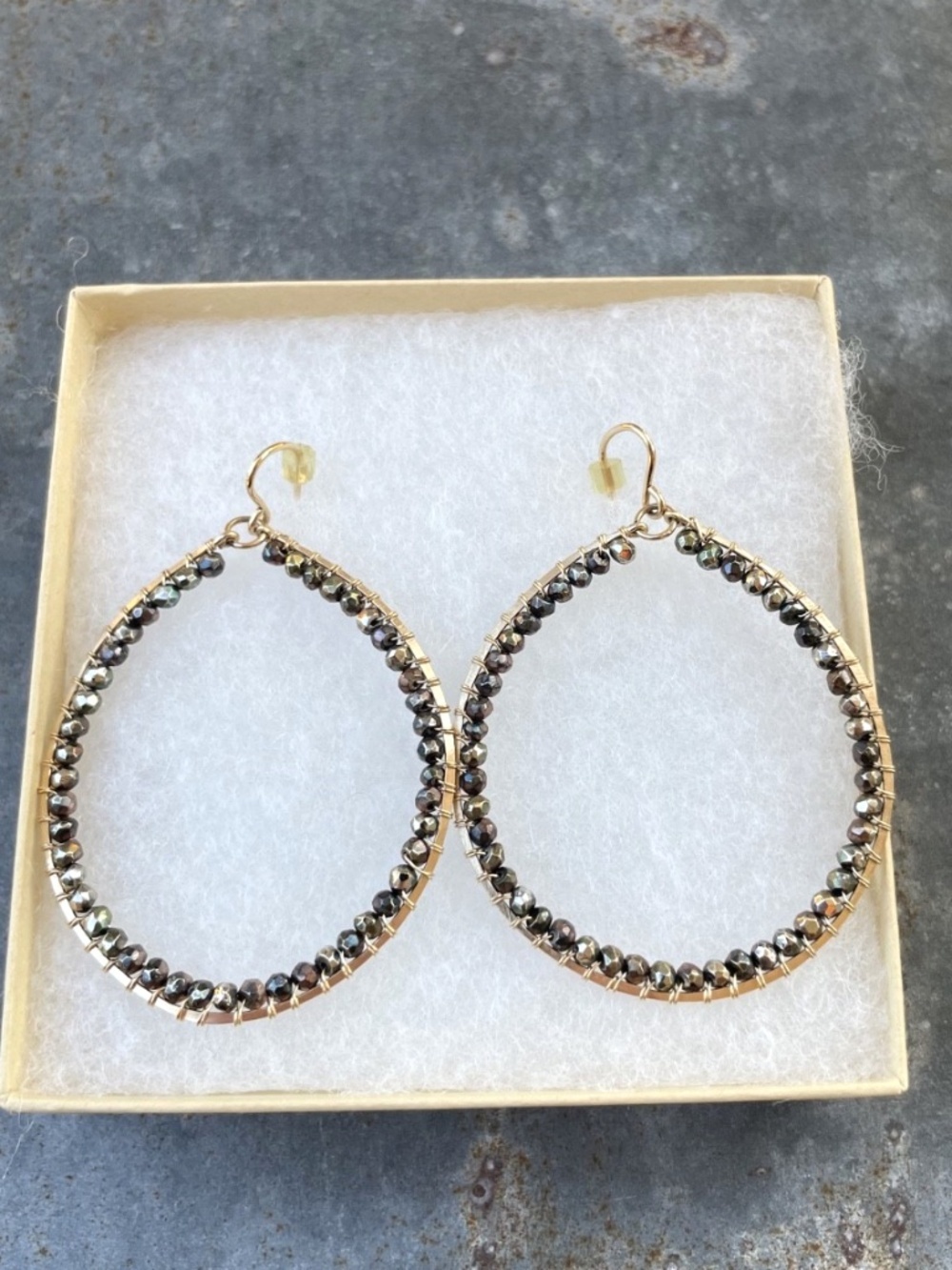 Gold Vermeil Hoop Dangle Earrings w/ hematite stones